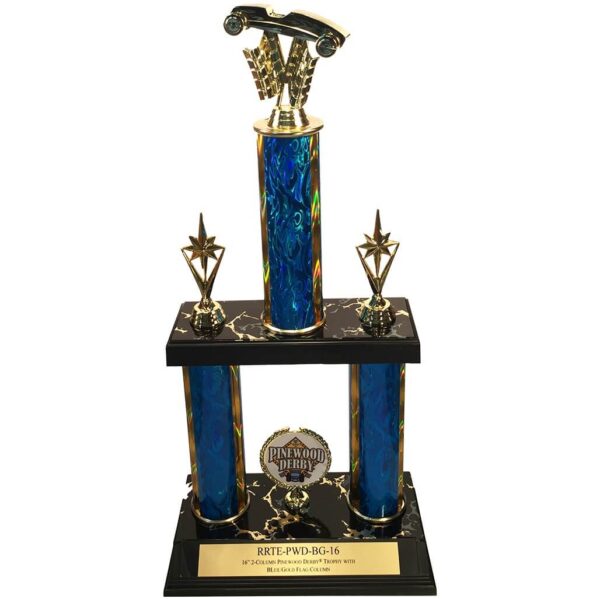 16" 2-column Pinewood Derby® trophy with blue/gold column