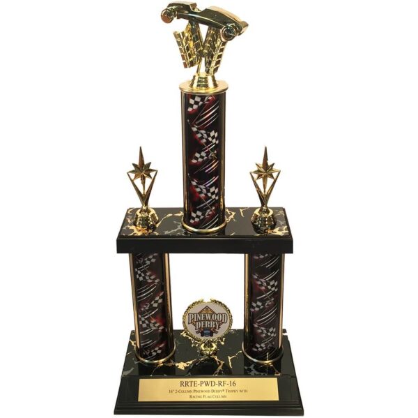 16" 2-column Pinewood Derby® trophy with racing flag column