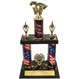 14" 2-column Pinewood Derby® trophy with red/white/blue flag column