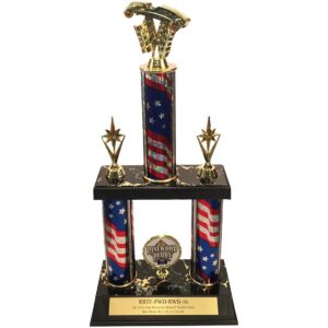 16" 2-column Pinewood Derby® trophy with red/white/blue flag column