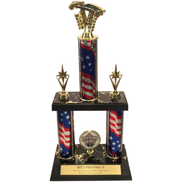 16" 2-column Pinewood Derby® trophy with red/white/blue flag column