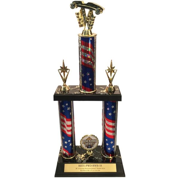 18" 2-column Pinewood Derby® trophy with red/white/blue flag column